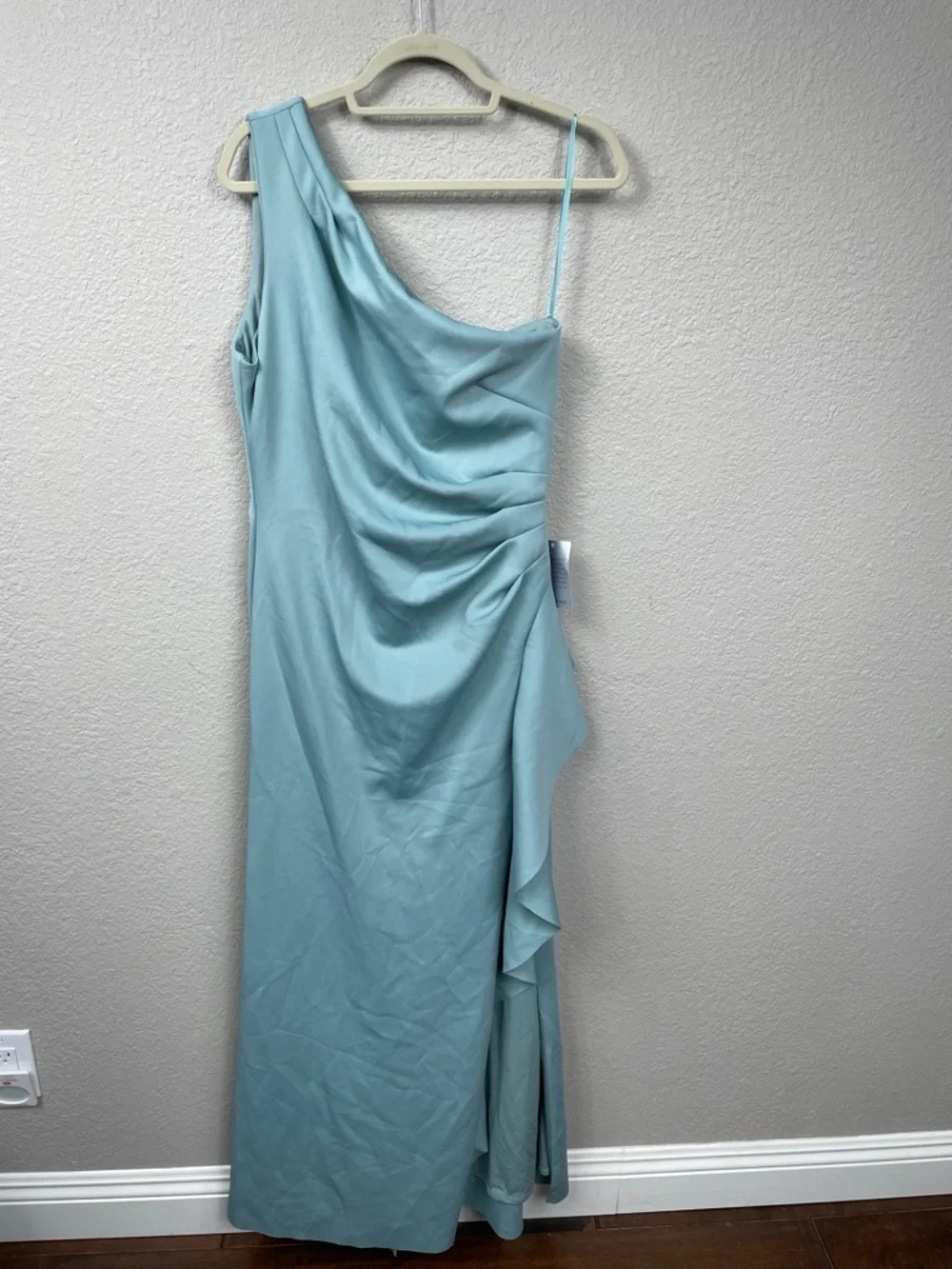 New Xscape Ruffled One Shoulder Scuba Gown Maxi Dress Sage Sz 14